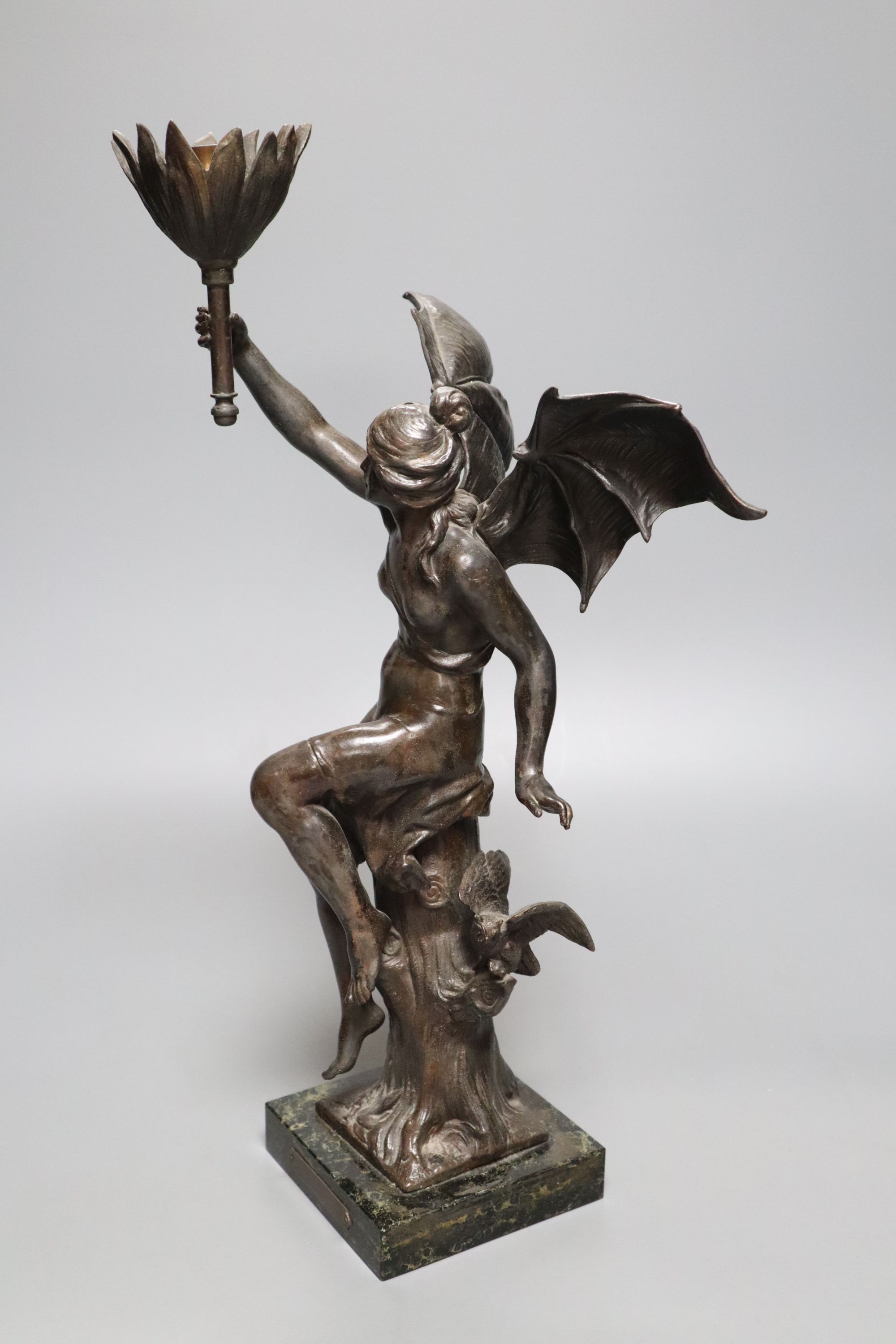 A 20th century spelter figural lamp of Night, height 43cm